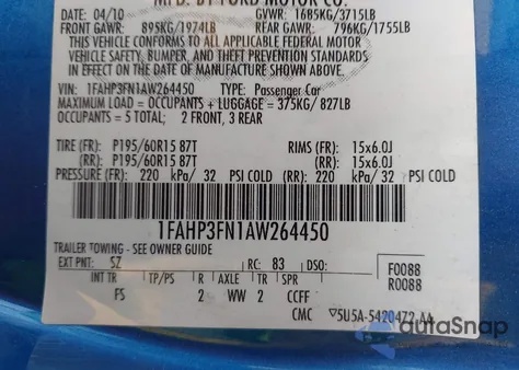 2010 Ford Focus Se z USA, uszkodzony, nr VIN 1FAHP3FN1AW264450